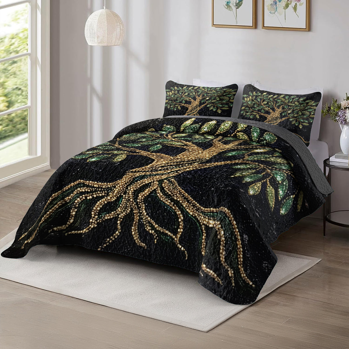 Shineful All Season Quilt 3-Piece Set Golden Tree of Life Luxury