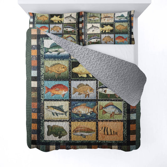 Shineful All Season Quilt 3-Piece Set Patchwork Fish