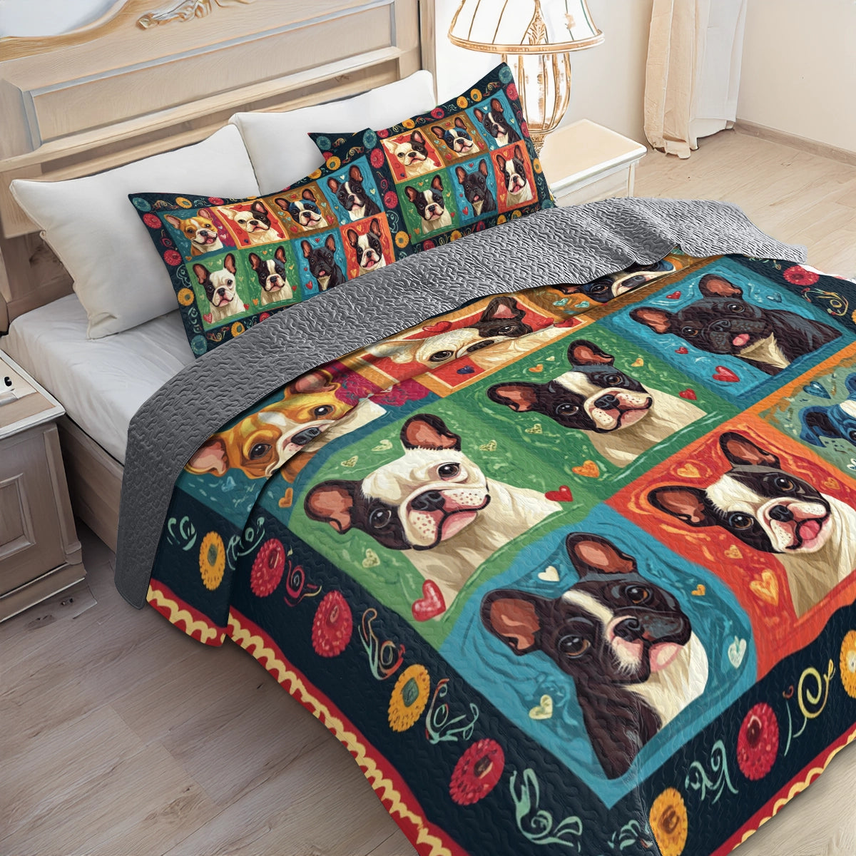 Shineful All Season Quilt 3-Piece Set Vibrant French Bulldog Dreams