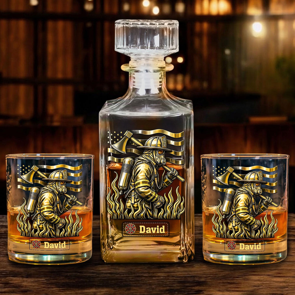 Shineful Whiskey Set Personalized Firefighter Patriotic