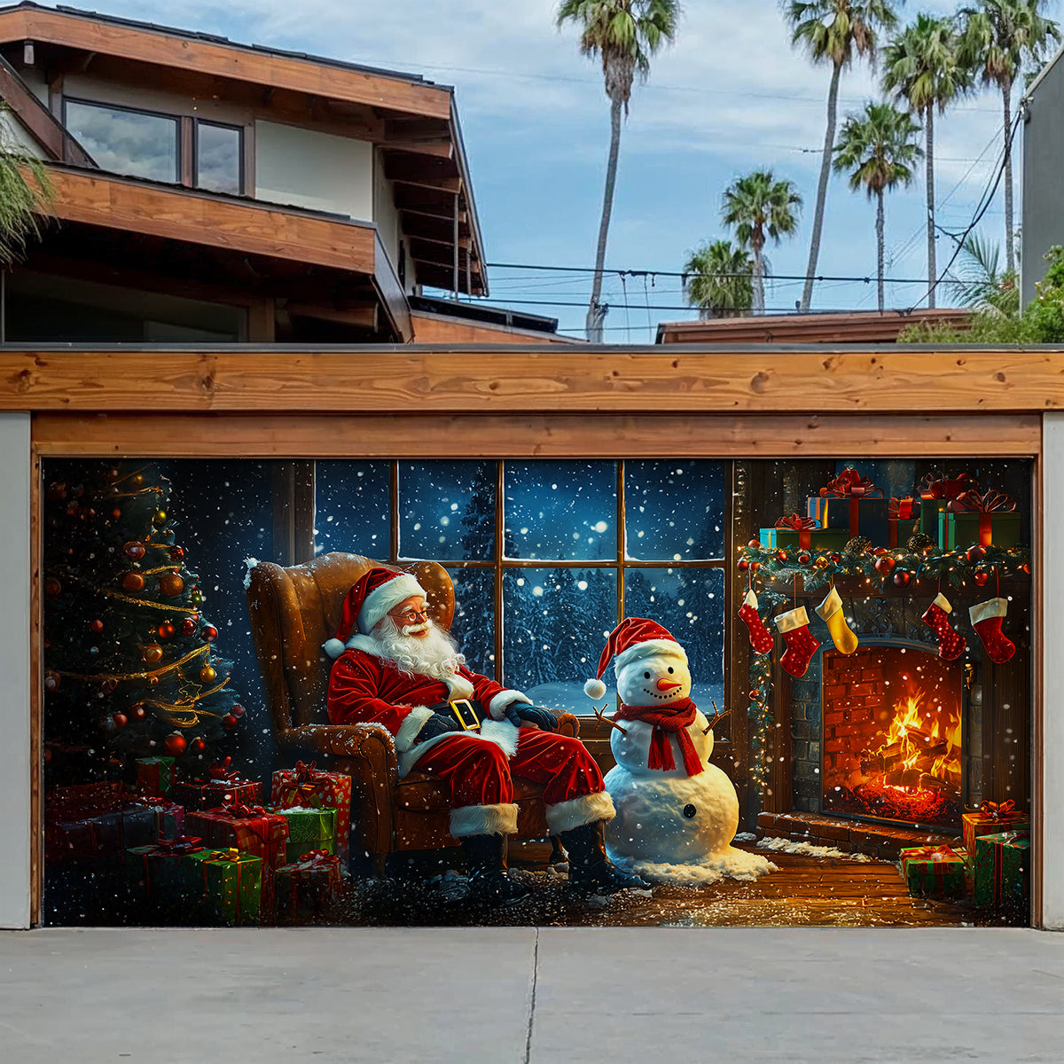 Shineful Garage Door Banner Decoration Snowy Night With Santa Claus