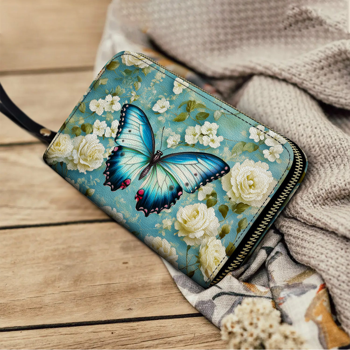 Shineful Leather Clutch Purse With Wristlet Strap Handle Frosty Winter Butterfly