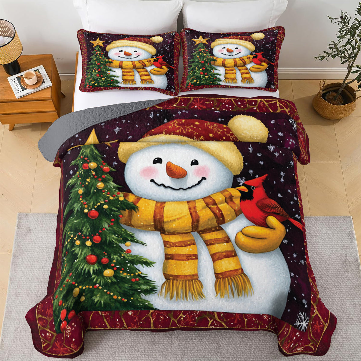 Shineful All Season Quilt 3-Piece Set Christmas Snowman And Cardinal