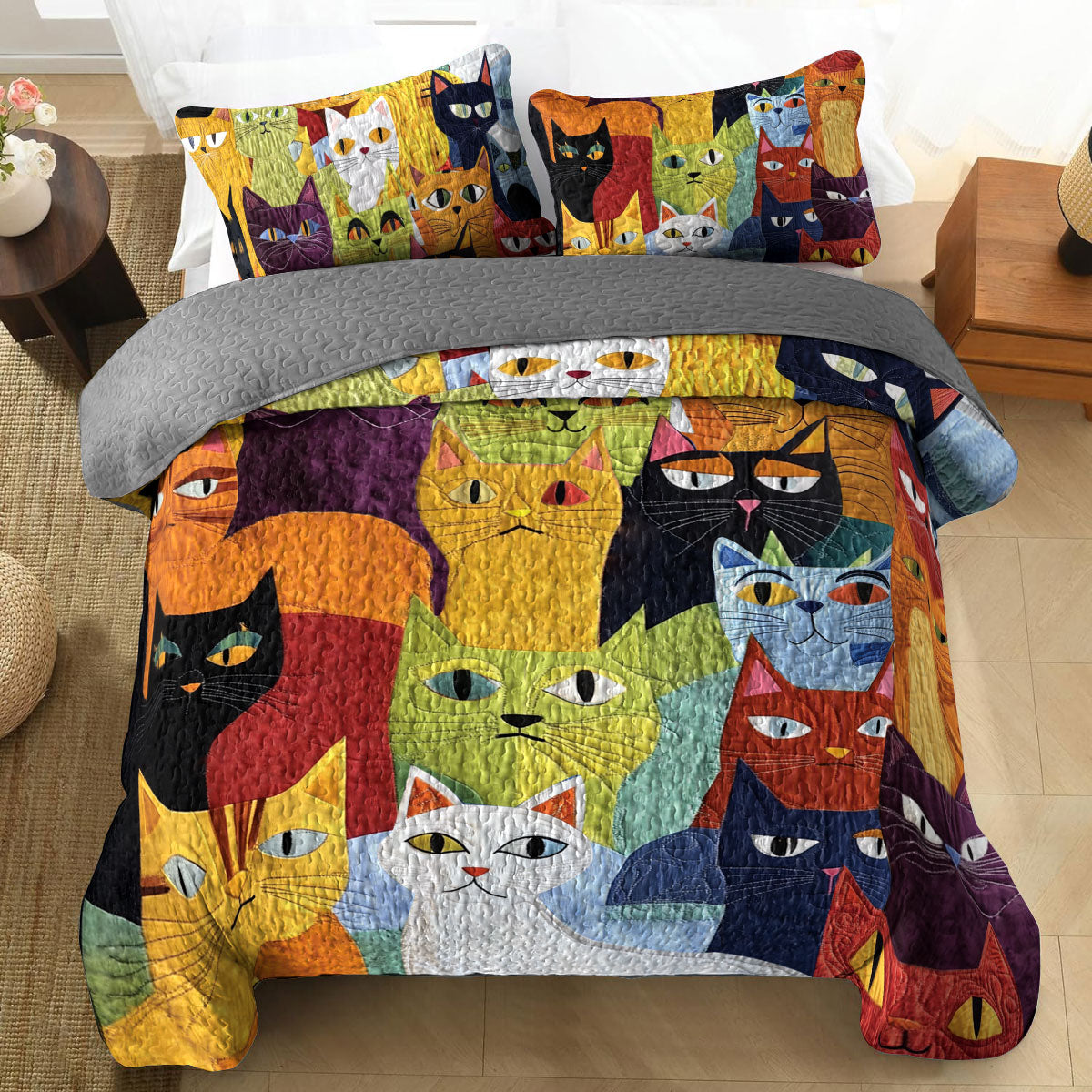 Shineful All Season Quilt 3-Piece Set Furry Feline Fantasy