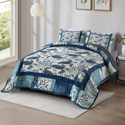 Shineful All Season Quilt 3-Piece Set Blue Ocean Turtle