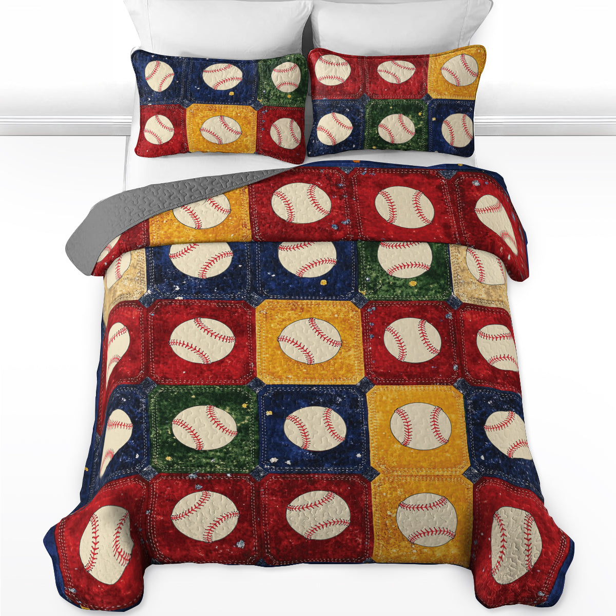 Shineful All Season Quilt 3-Piece Set Vintage Baseball Patchwork