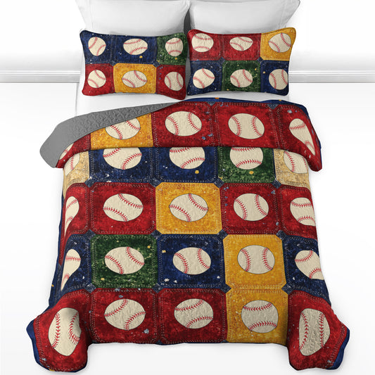 Shineful All Season Quilt 3-Piece Set Vintage Baseball Patchwork
