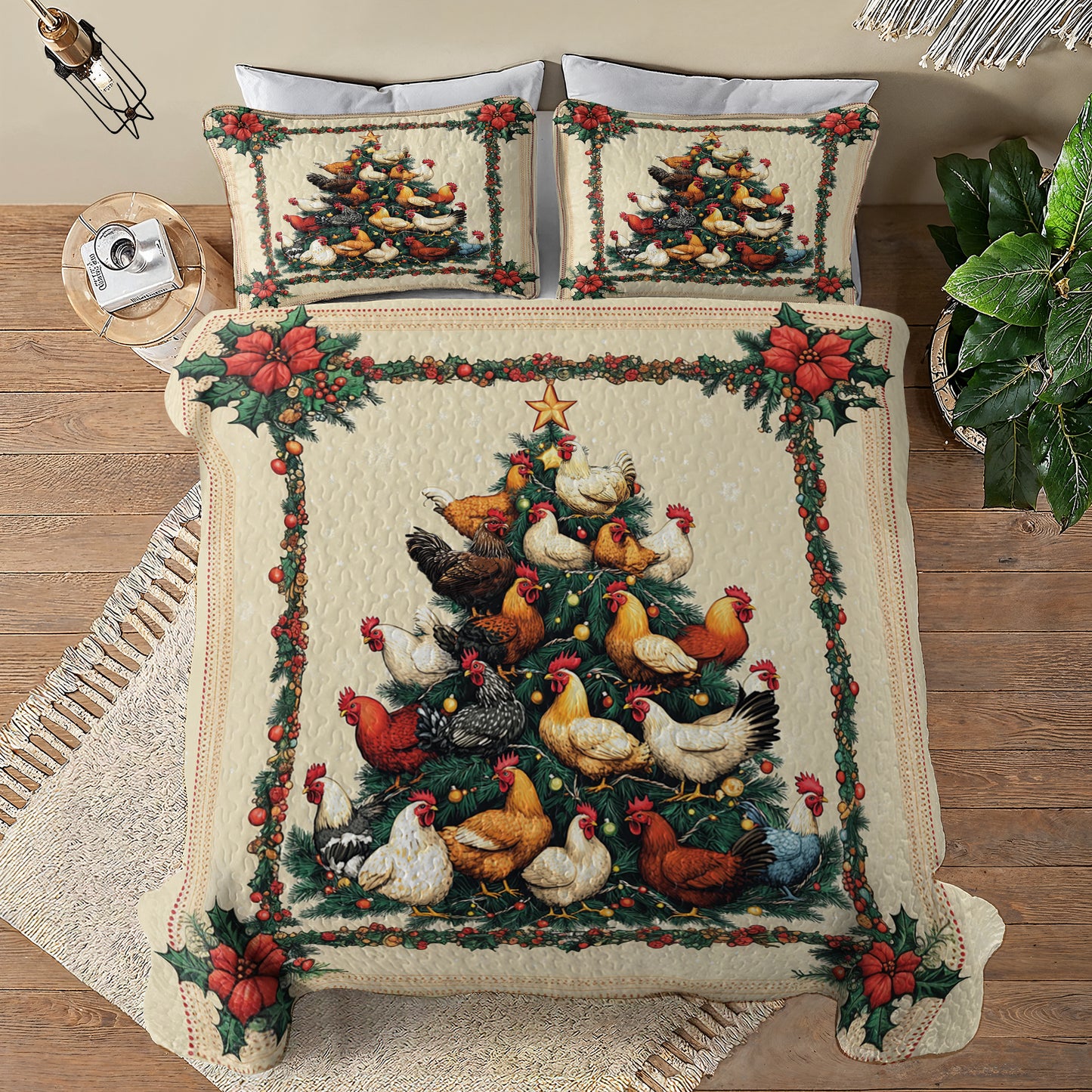 Shineful All Season Quilt 3-Piece Set Chicken Christmas Tree