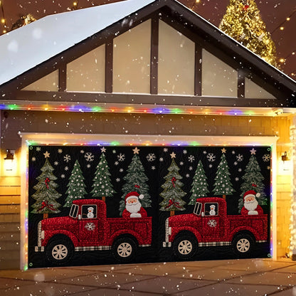 Shineful Garage Door Banner Decoration Santa’s Red Truck and Festive Pines