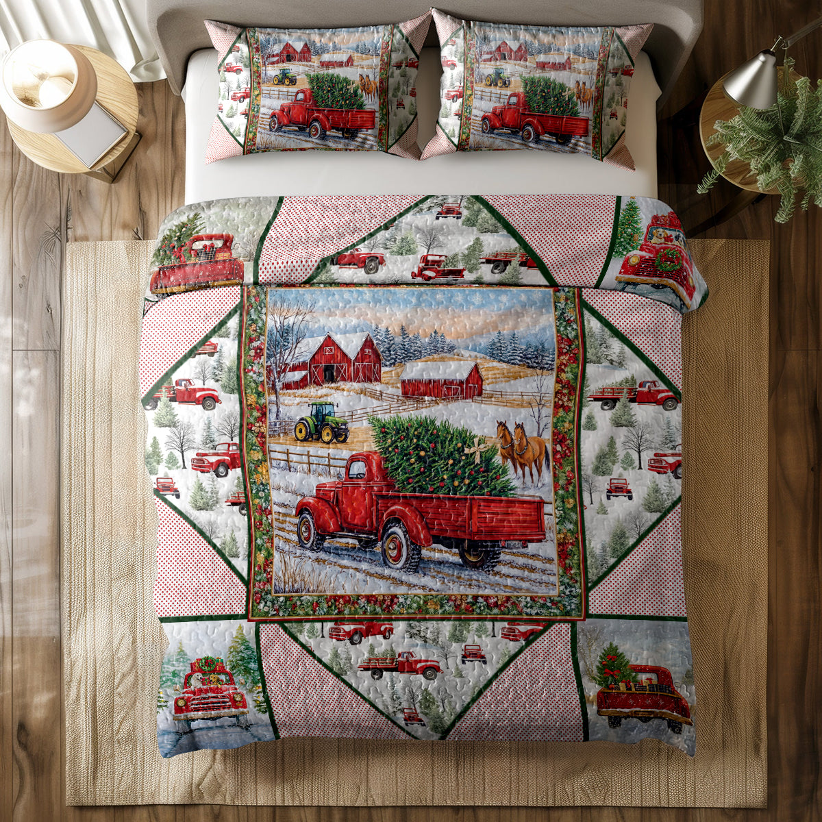 Shineful All Season Quilt 3-Piece Set - Holiday Farmhouse Truck Quilt