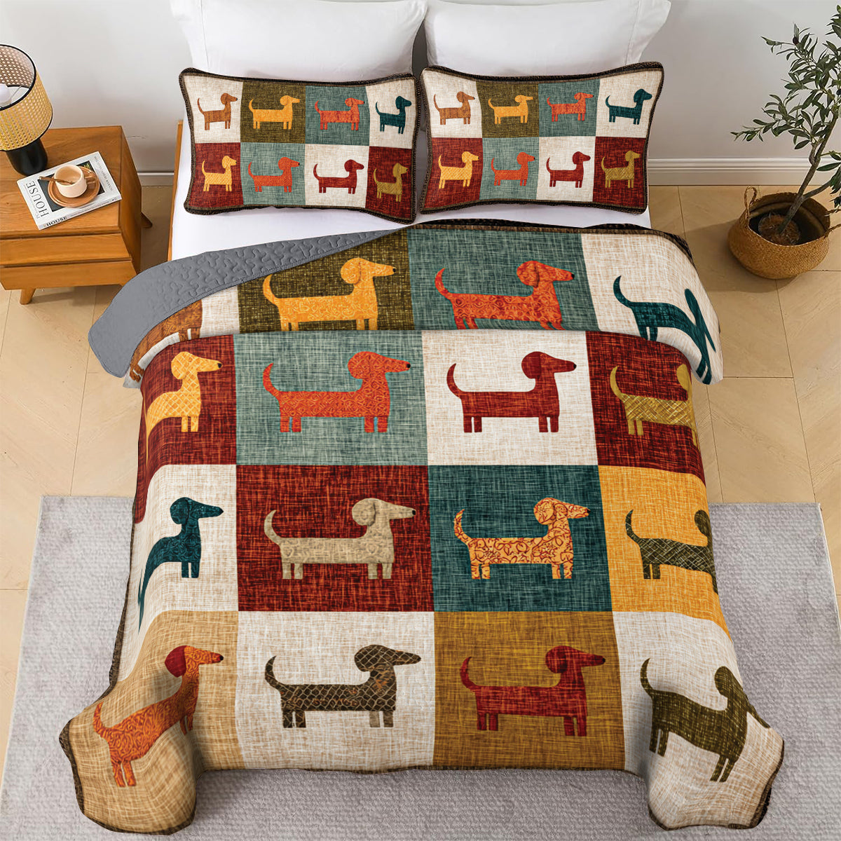 Shineful All Season Quilt 3-Piece Set Colorful Dachshund Patch
