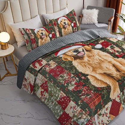 Shineful All Season Quilt 3-Piece Set Golden Retriever Christmas