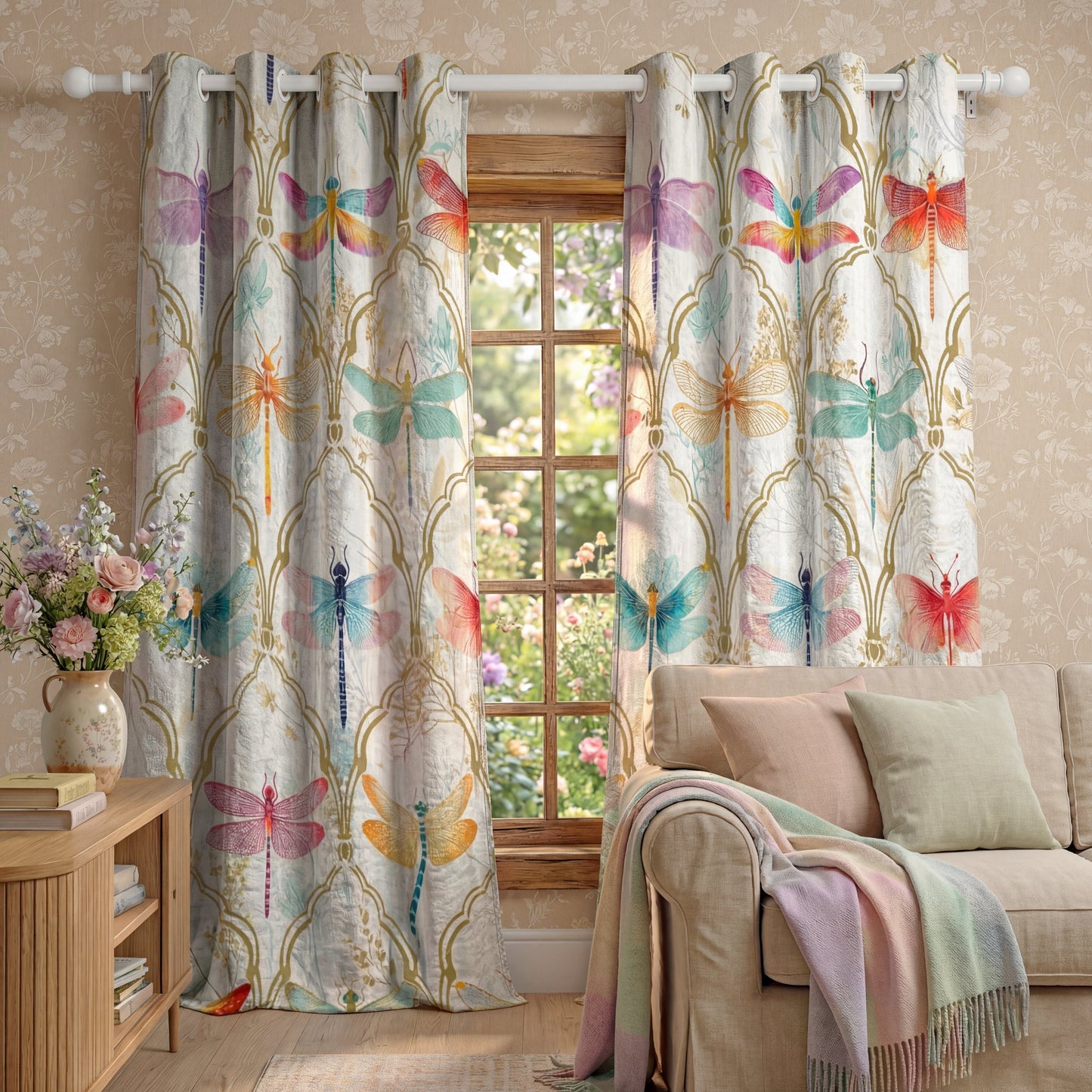Shineful Quilted Curtain Dragonfly Garden