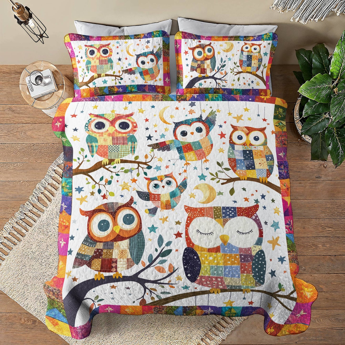 Shineful All Season Quilt 3-Piece Set Owl Patchwork