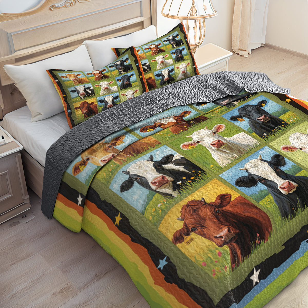 Shineful All Season Quilt 3-Piece Set Funny Cow Field