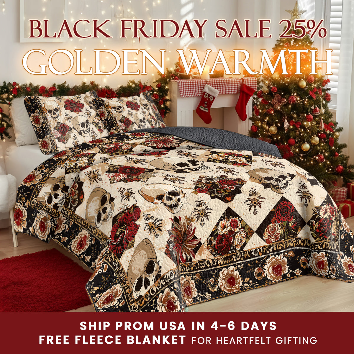 Shineful Quilt 3-Piece Set Elegent Skull Roses