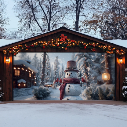 Shineful Garage Door Banner Decoration Snowman & Cardinals Winter Cabin