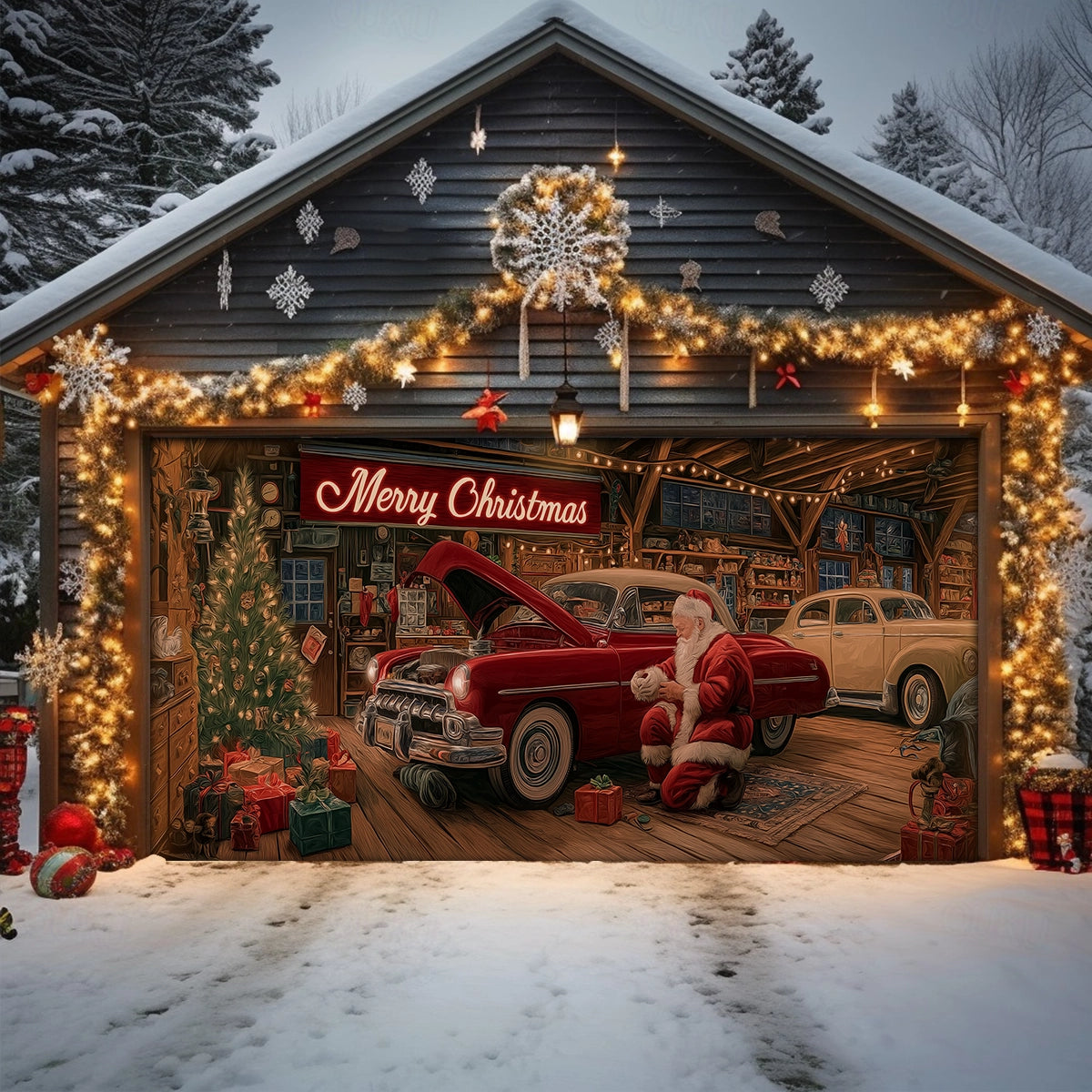 Shineful Garage Door Banner Decoration Santa’s Classic Car Workshop