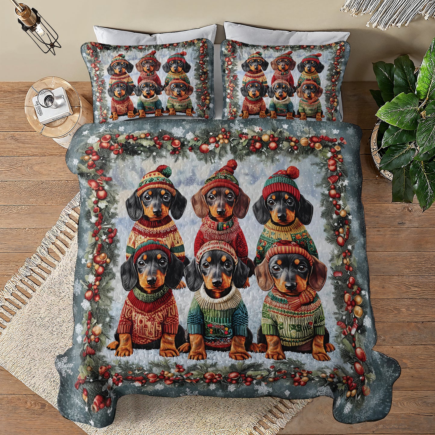 Shineful All Season Quilt 3-Piece Set Xmas Dachshund