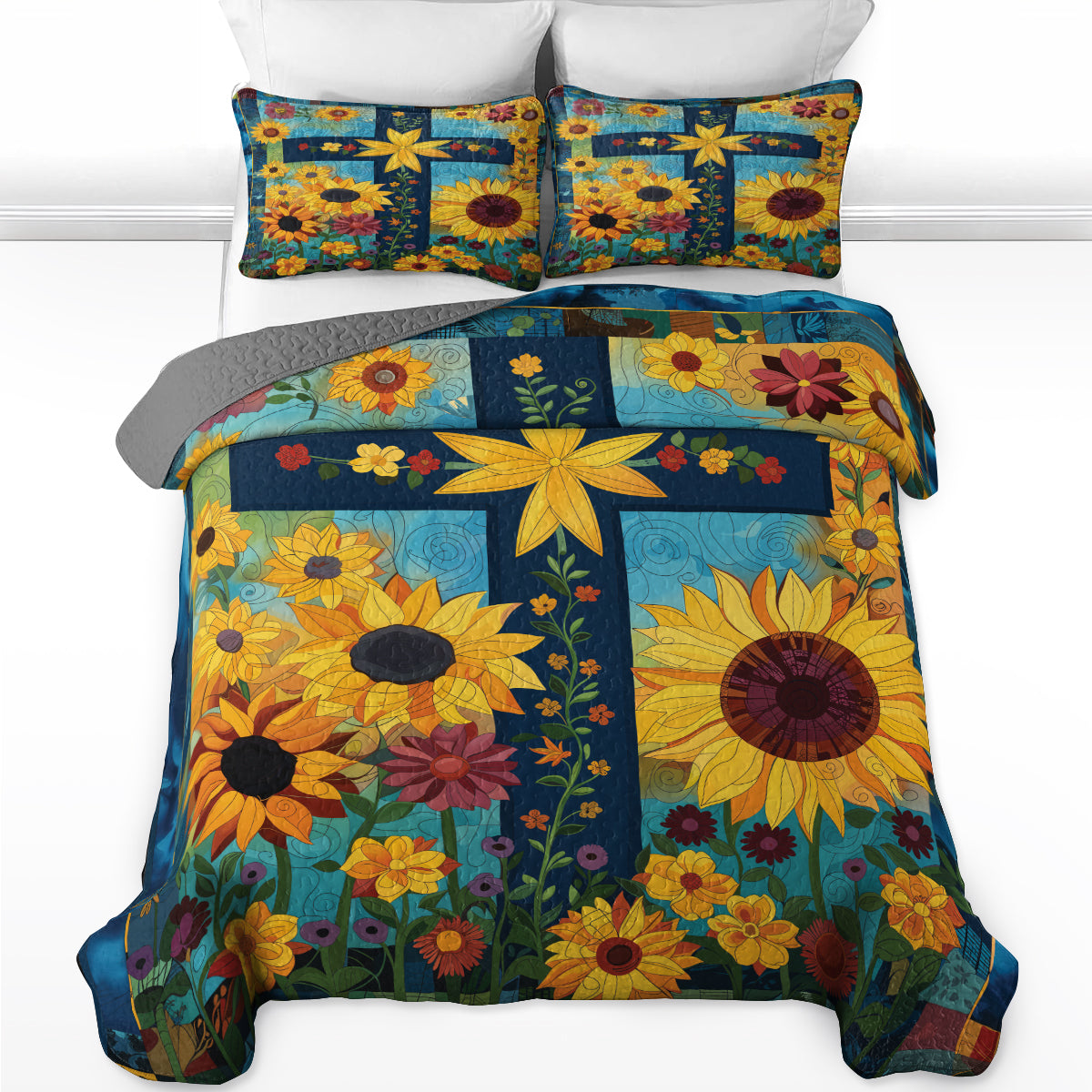 Shineful  Quilt 3-Piece Set Sunflower Cross