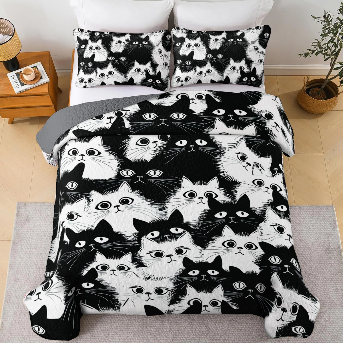 Shineful Quilt 3-Piece Set Cute Chubby Cat