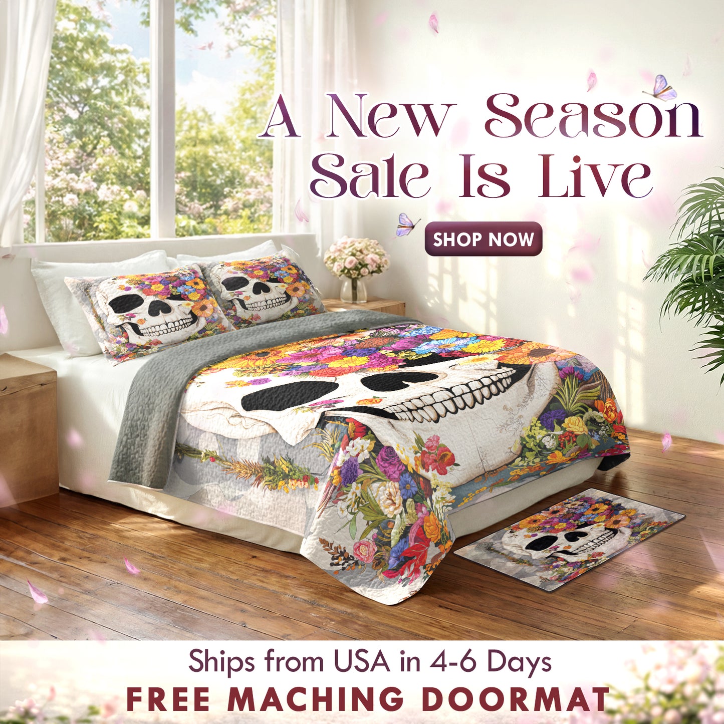Shineful Quilt 3-Piece Set Skull Blossom