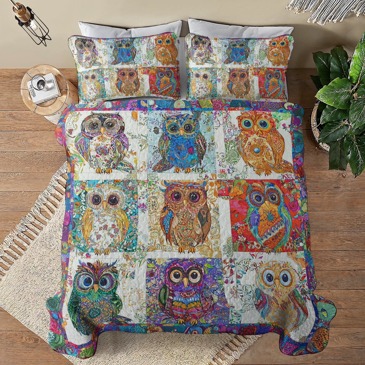 Shineful All Season Quilt 3-Piece Set Owl Damask Pattern