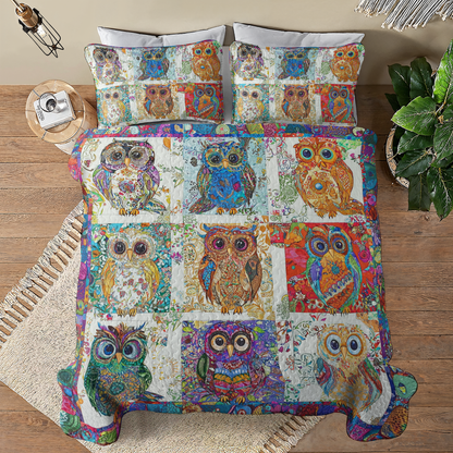Shineful All Season Quilt 3-Piece Set Owl Damask Pattern