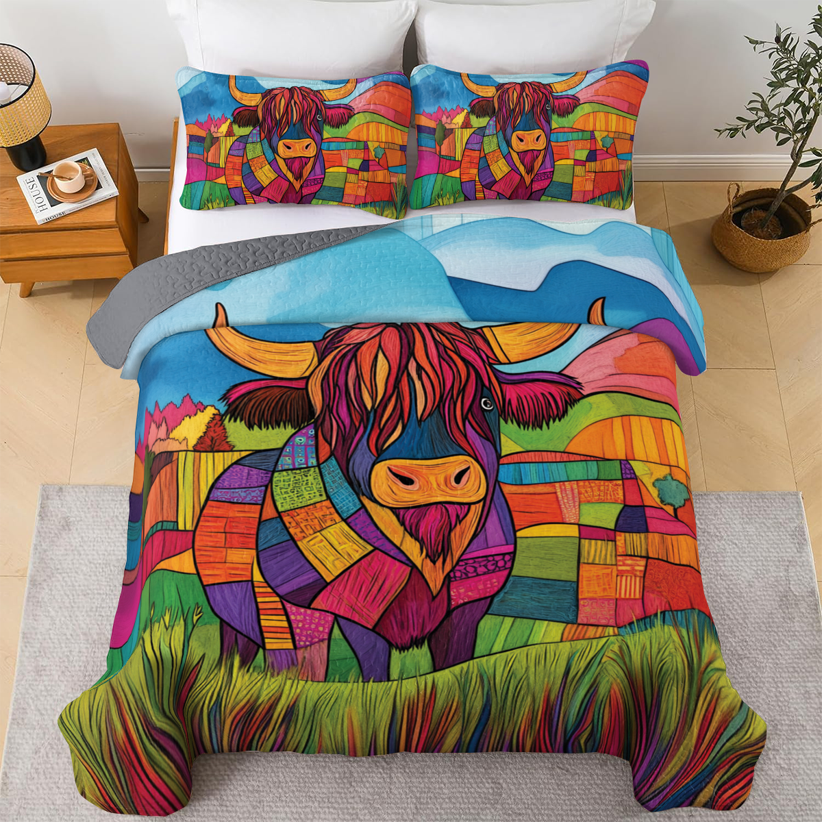 Shineful All Season Quilt 3-Piece Set - Vibrant Highland Cow