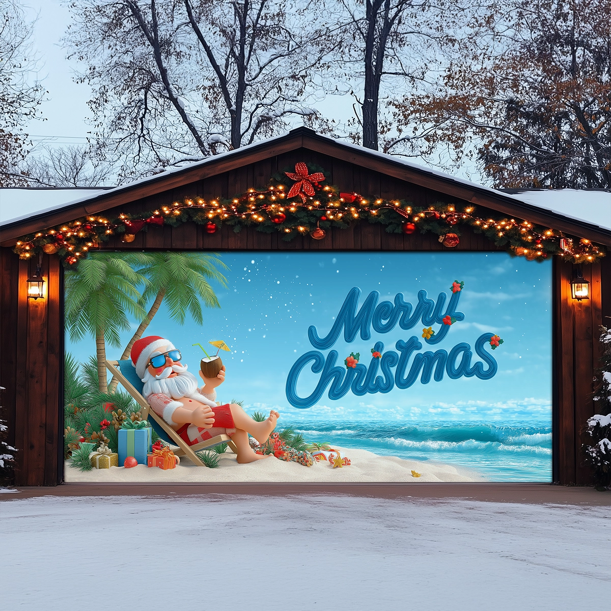 Shineful Garage Door Banner Decoration Tropical Santa Beach Break