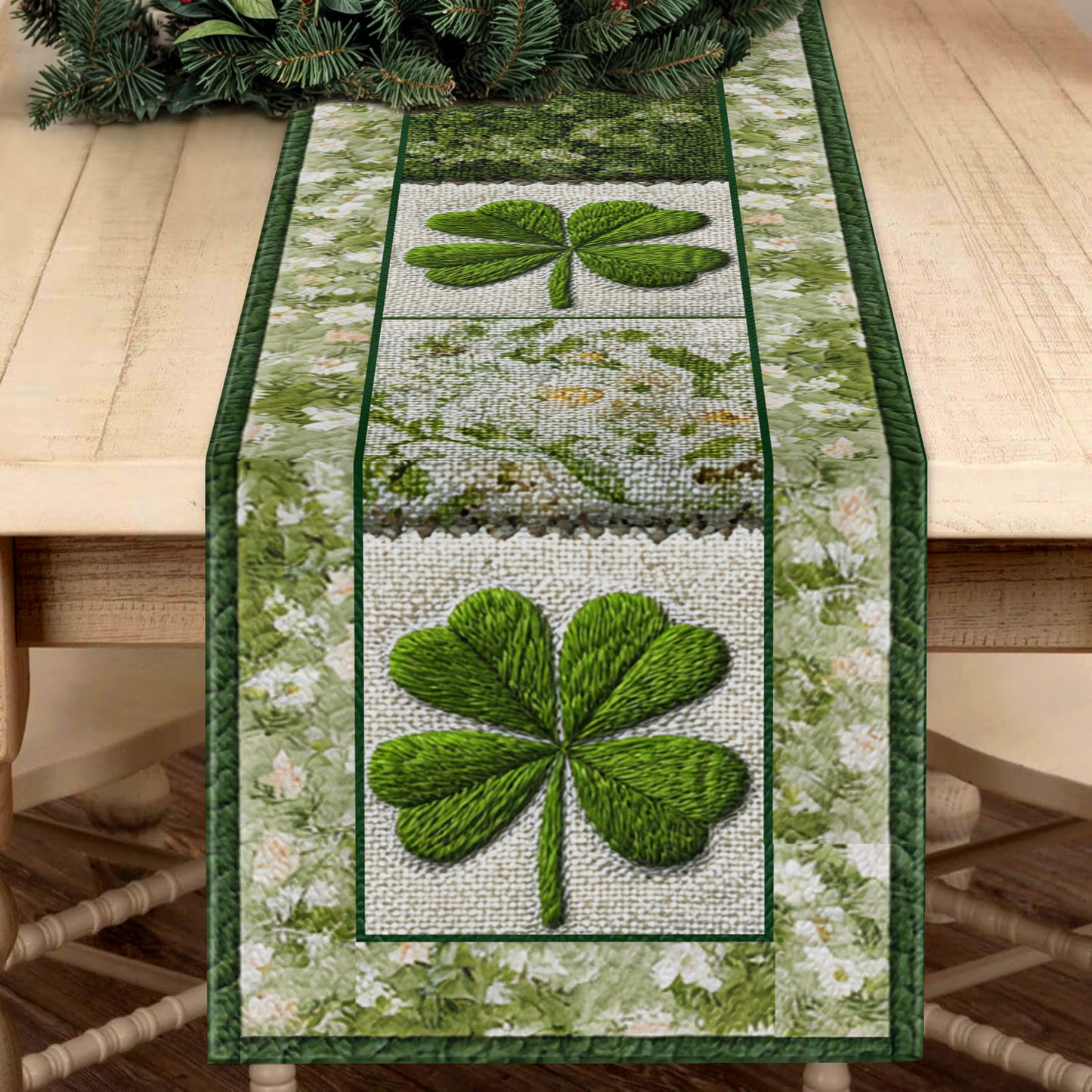 Shineful 2D Flat Print Quilted Table Runner Shamrock Blessing