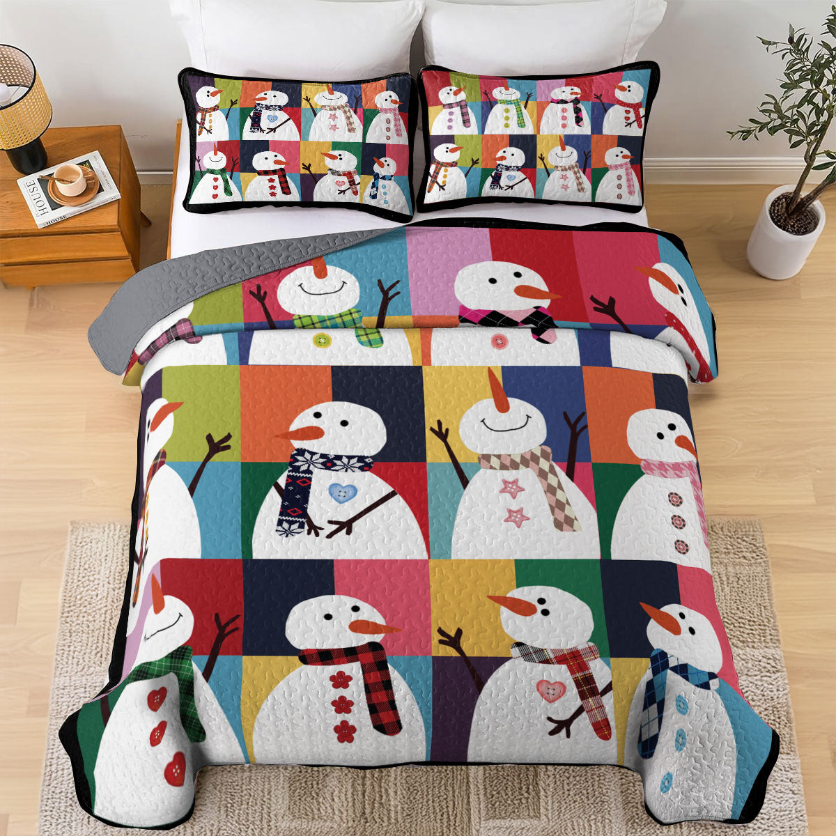 Shineful All Season Quilt 3-Piece Set Colorful Snowman Joy