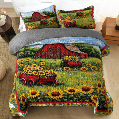 Shineful All Season Quilt 3-Piece Set - Barn and Sunflowers Quilt