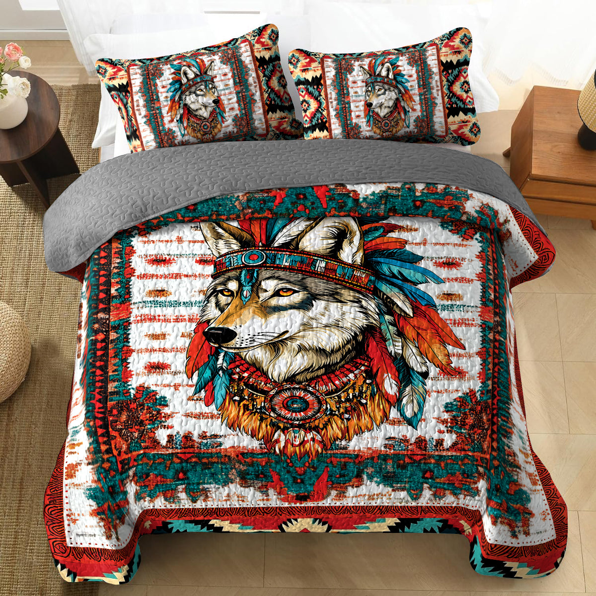 Shineful All Season Quilt 3-Piece Set - Native Spirit Wolf