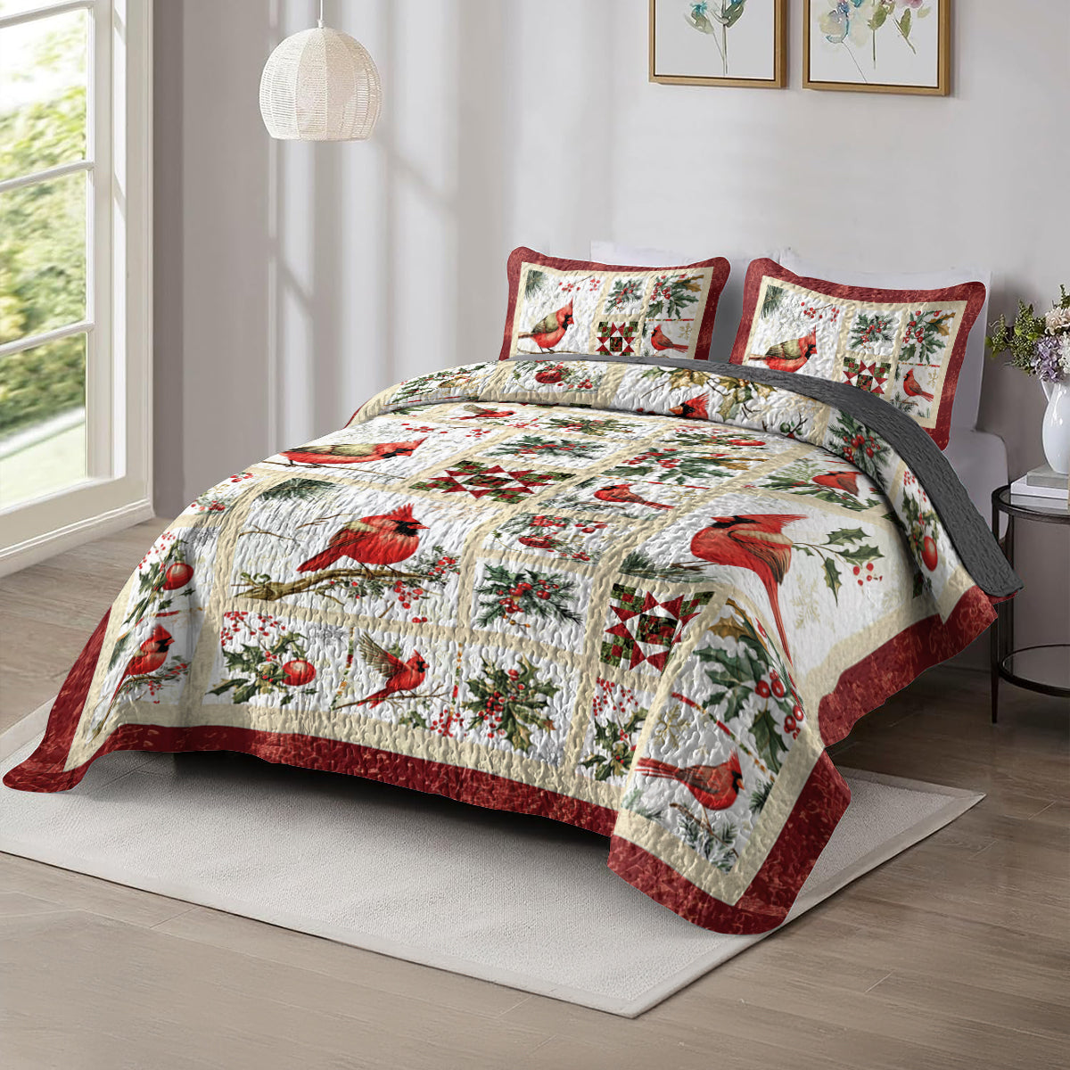 Shineful All Season Quilt 3-Piece Set Cardinal Winter Christmas
