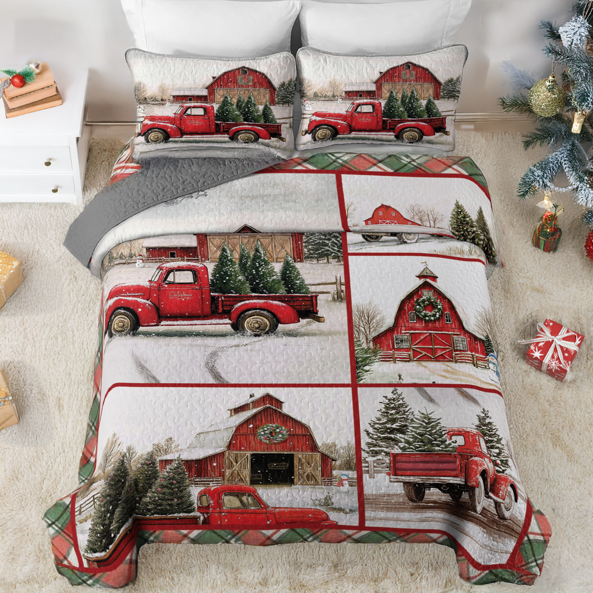 Shineful All Season Quilt 3-Piece Set Vintage Red Truck Christmas