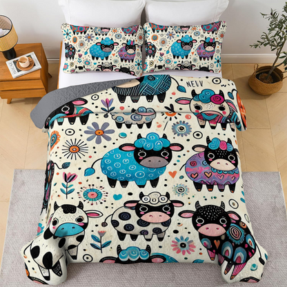 Shineful All Season Quilt 3-Piece Set - Whimsy Cows in Colorful Fields