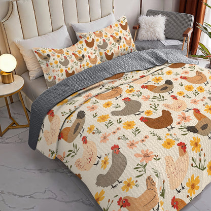 Shineful All Season Quilt 3-Piece Set - Chicken Floral Cluckin' Cozy