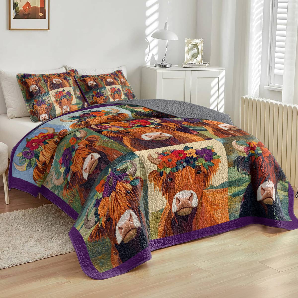 Shineful All Season Quilt 3-Piece Set - Floral Crowned Highland Cow