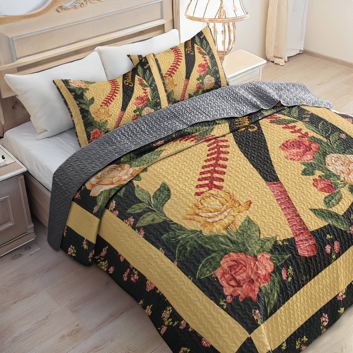 Shineful All Season Quilt 3-Piece Set - Personalized Softball & Foral Fusion