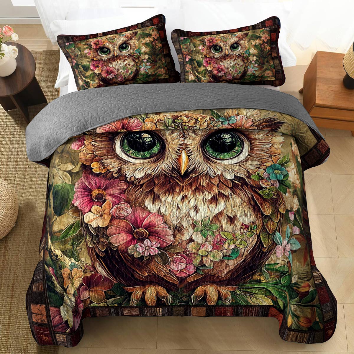 Shineful All Season Quilt 3-Piece Set Vintage Floral Owl