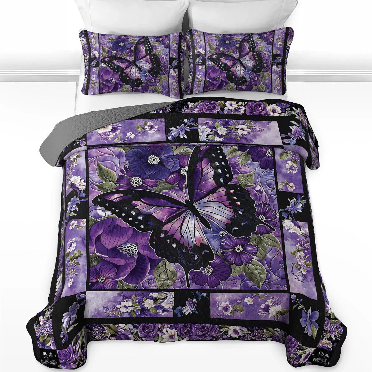 Shineful Quilt 3-Piece Set Gorgeous Purple Butterfly Flowers