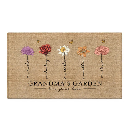 Shineful Doormat Grandma‘s Garden Love Grows Here Vintage Birth Flowers Swirl Name Personalized Door Mat