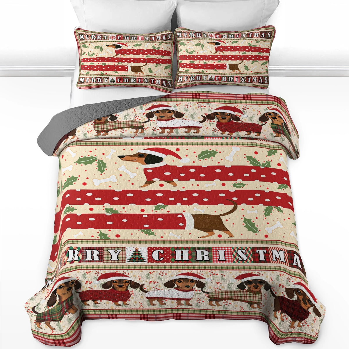 Shineful All Season Quilt 3-Piece Set - Christmas Playful Dachshund