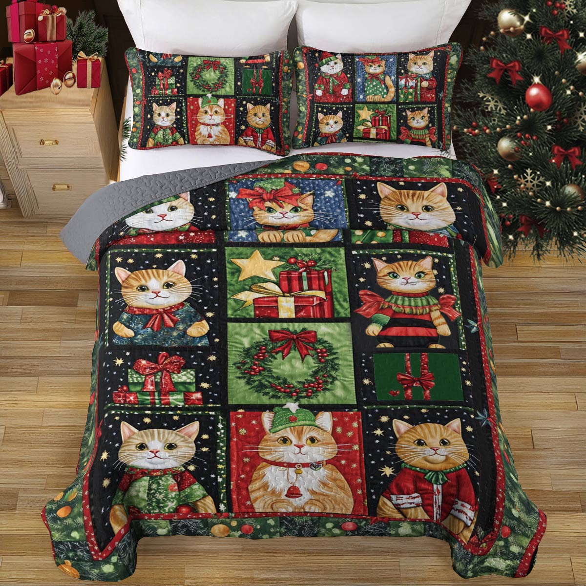 Shineful All Season Quilt 3-Piece Set Festive Cats
