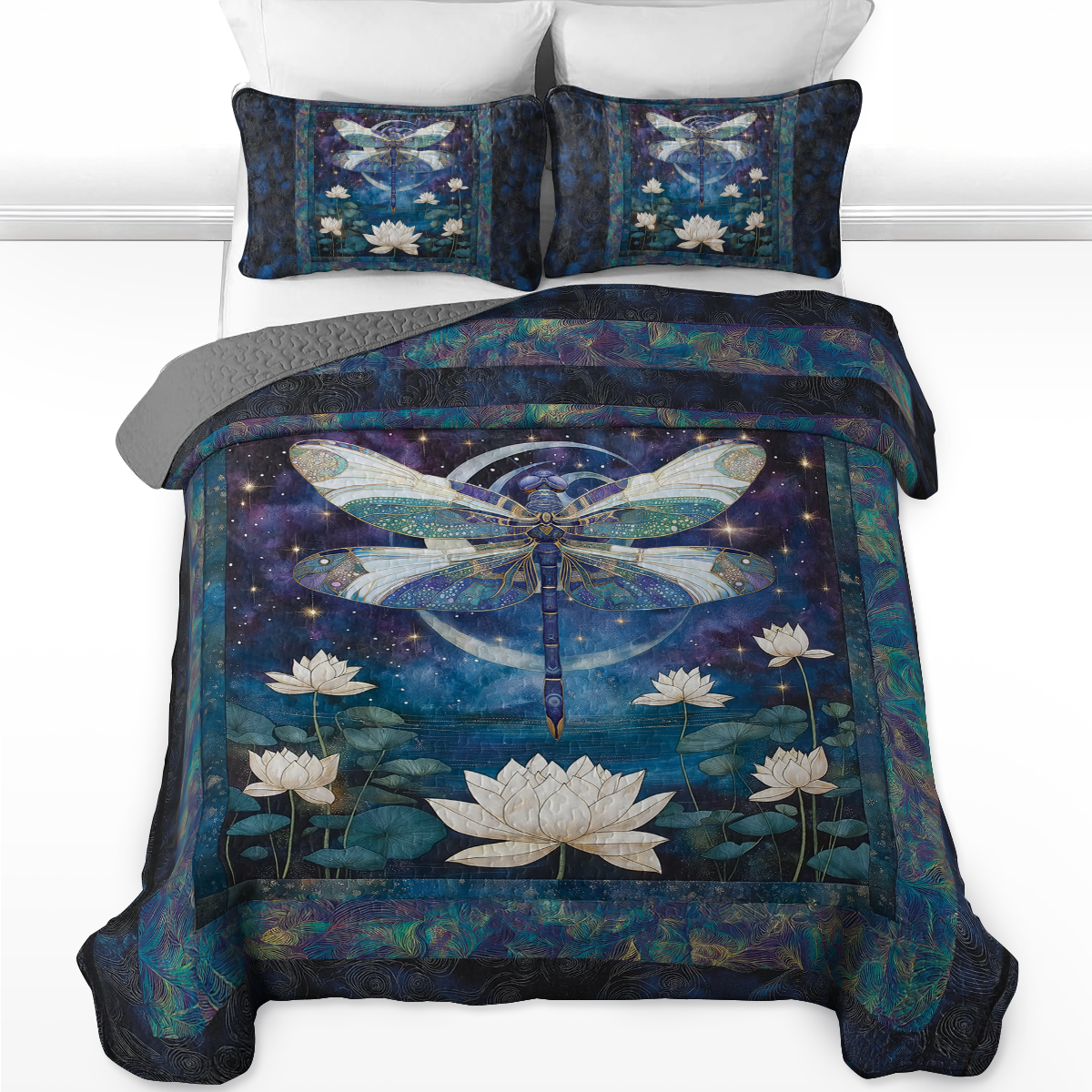 Shineful All Season Quilt 3-Piece Set  Celestial Dragonfly And Lotus