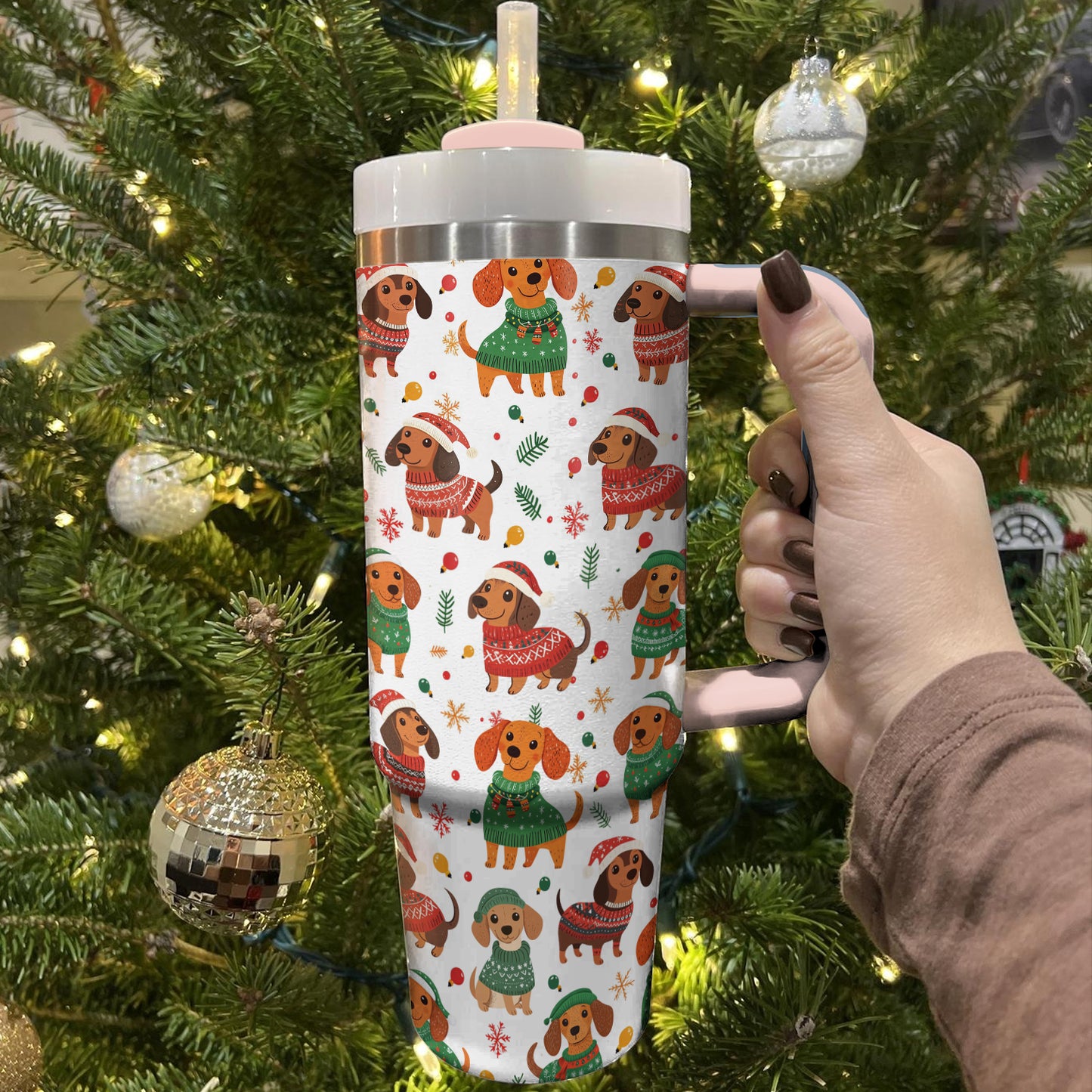 Shineful Tumbler Christmas Dachshund Pattern