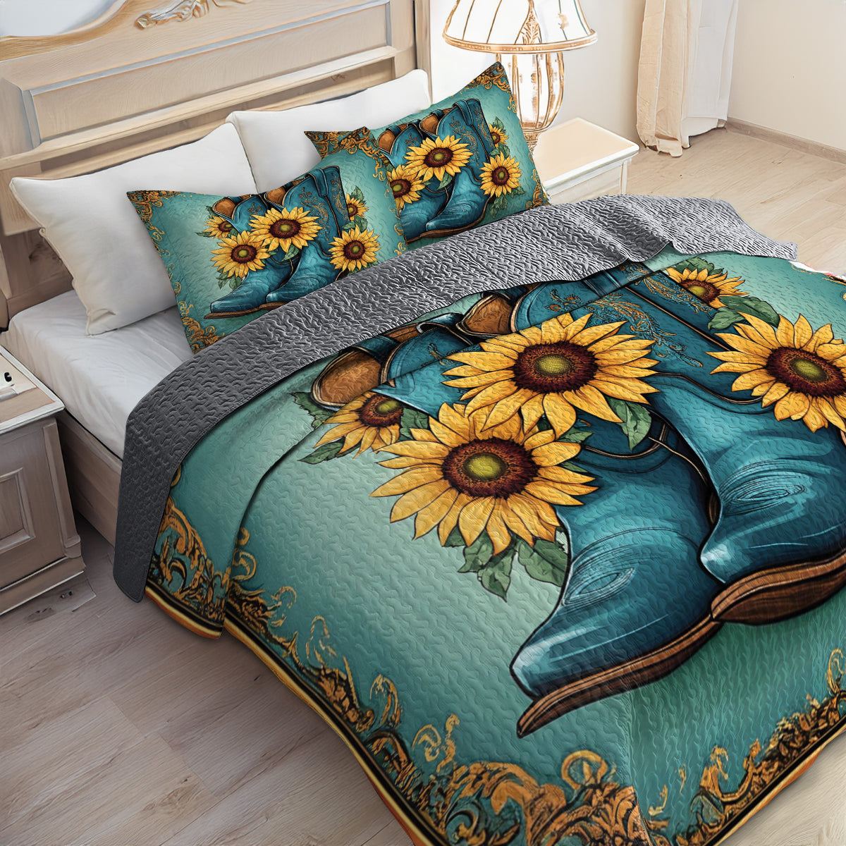 Shineful All Season Quilt 3-Piece Set Cowboy Boots And Sunflower