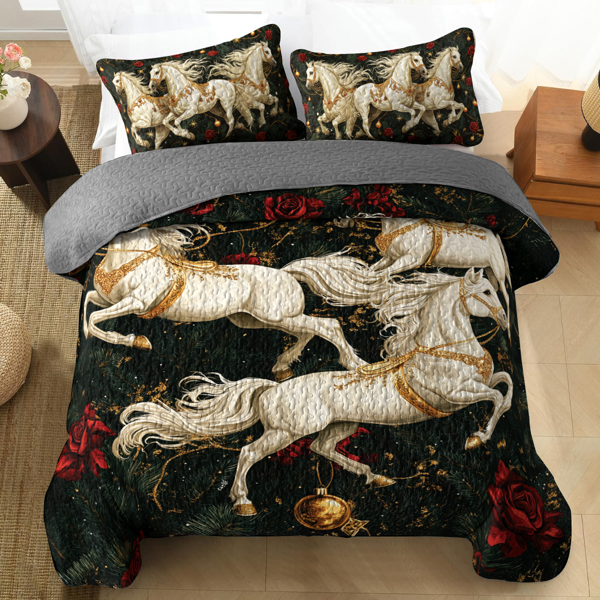 Shineful All Season Quilt 3-Piece Set - Fantasy Rose Garden with Christmas Horses