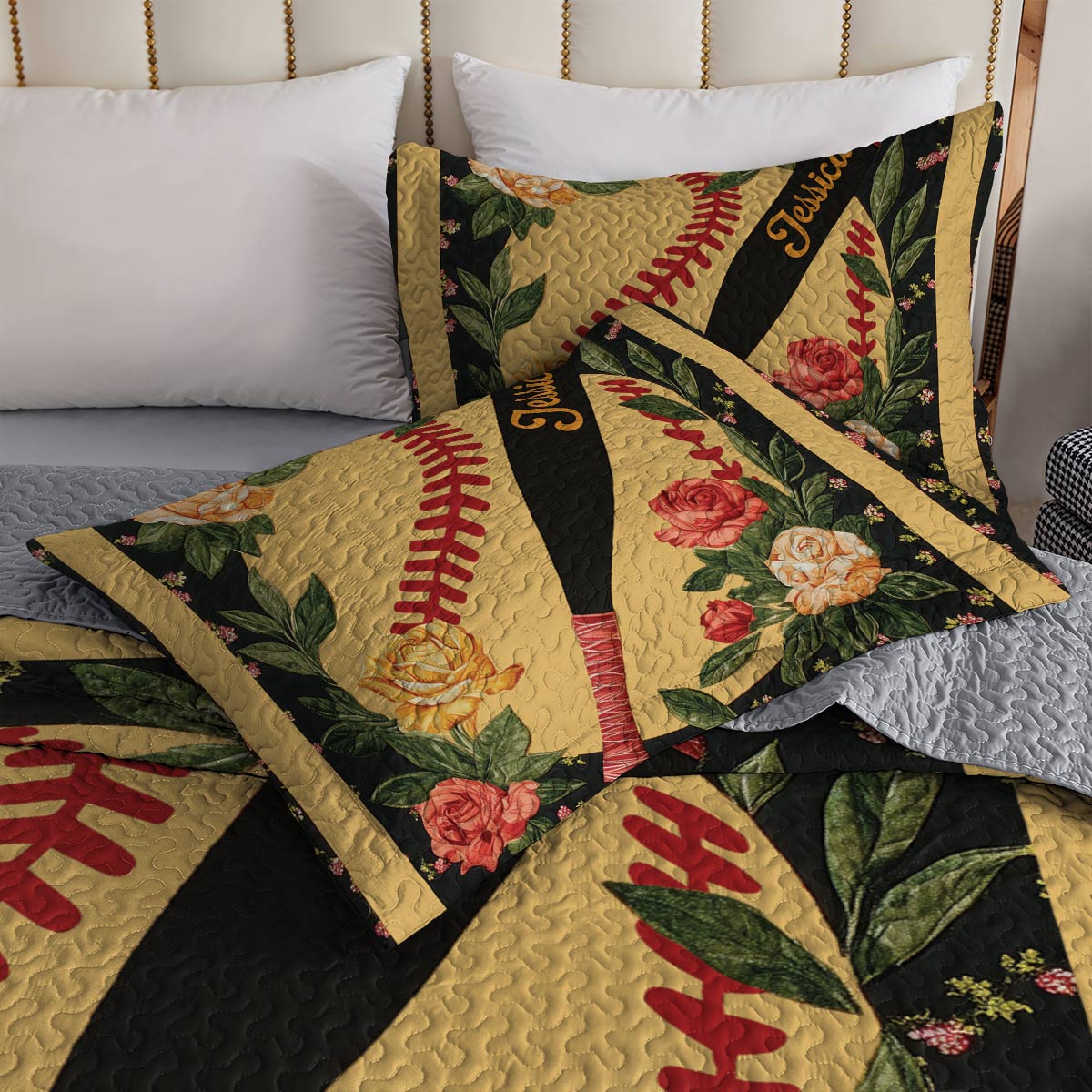 Shineful All Season Quilt 3-Piece Set - Personalized Softball & Foral Fusion
